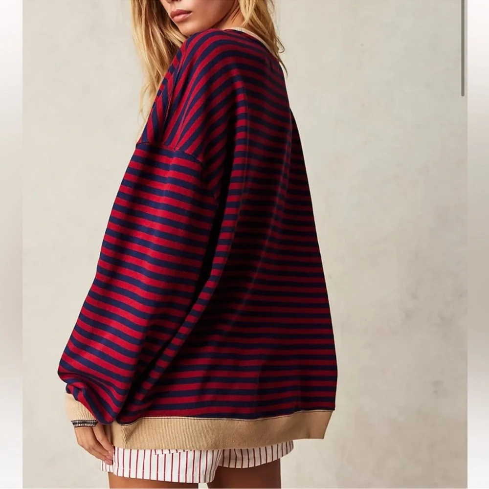 Free People Oversized Striped Pullover Sweatshirt Red Blue Slouchy Cozy Top